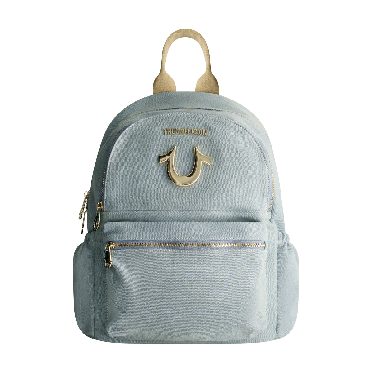 Light Blue Denim Backpack with Camel PU Trim, 2 Sections, Pockets, EUC True Religion Zip Pocket Denim Horseshoe Backpack main image 4