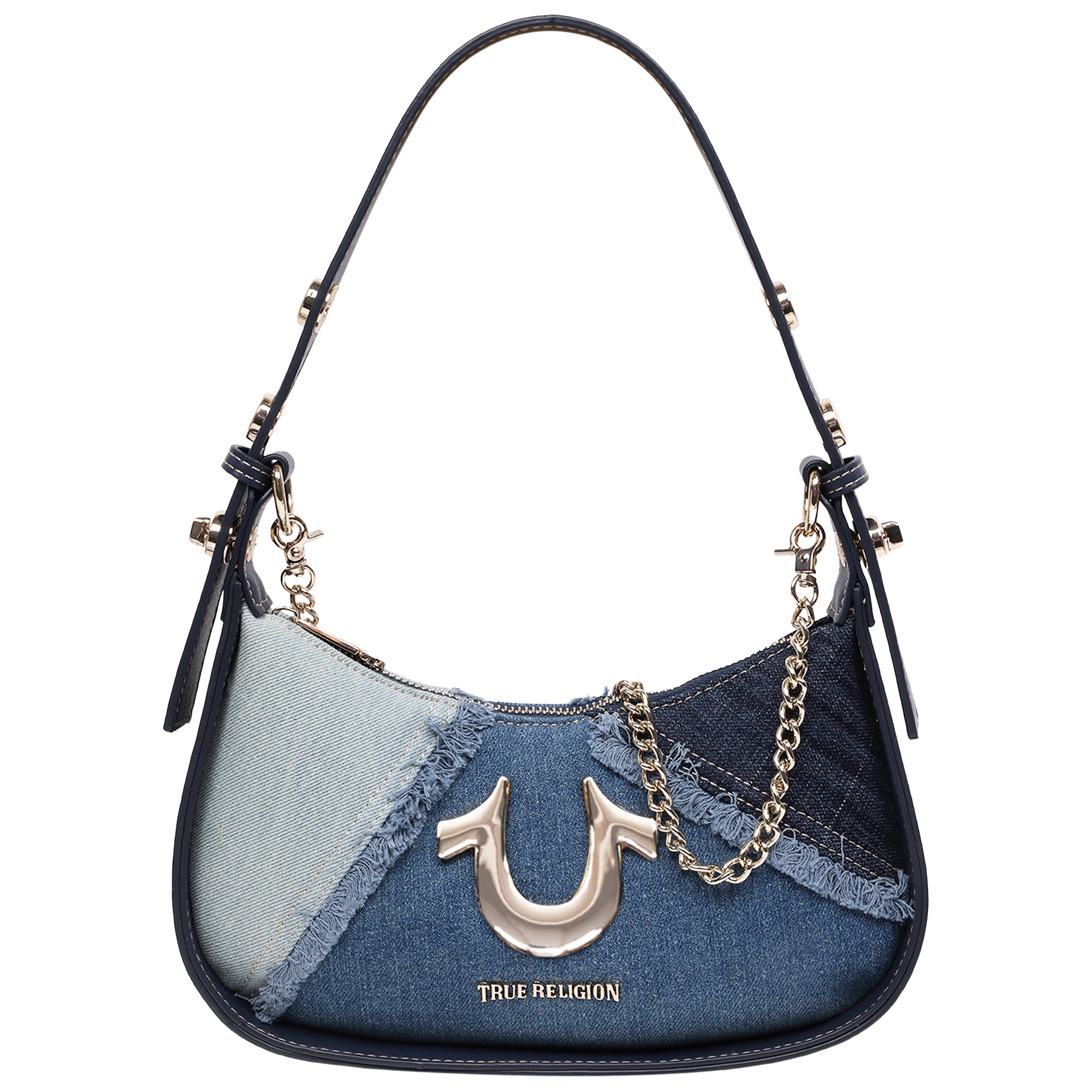 True Religion Frayed Denim Horseshoe Flap Shoulder Bag
