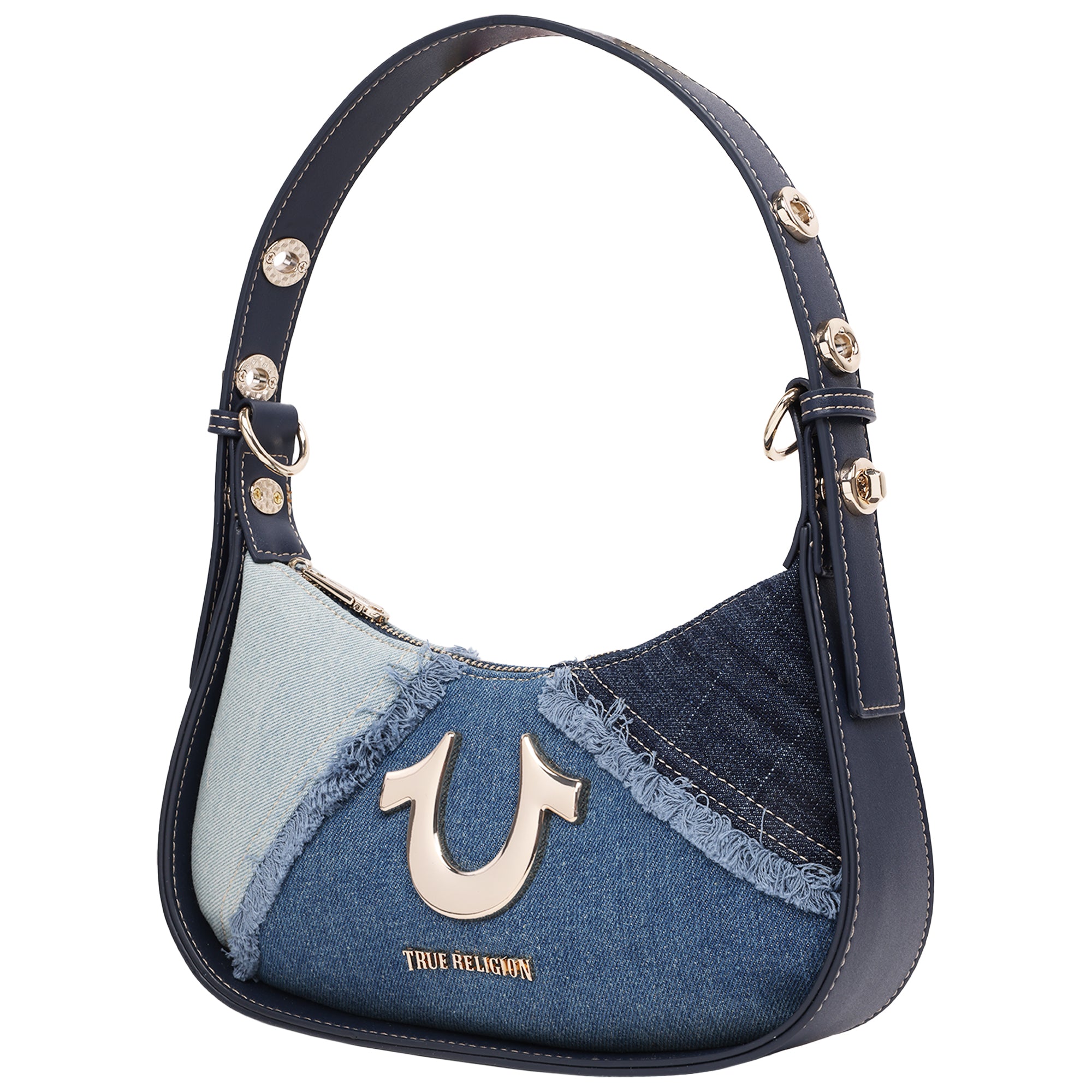 True Religion Frayed Denim Horseshoe Flap Shoulder Bag
