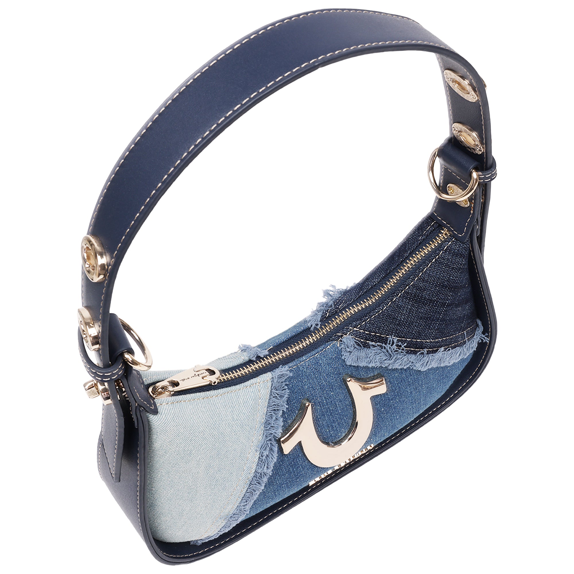 True Religion Frayed Denim Horseshoe Flap Shoulder Bag
