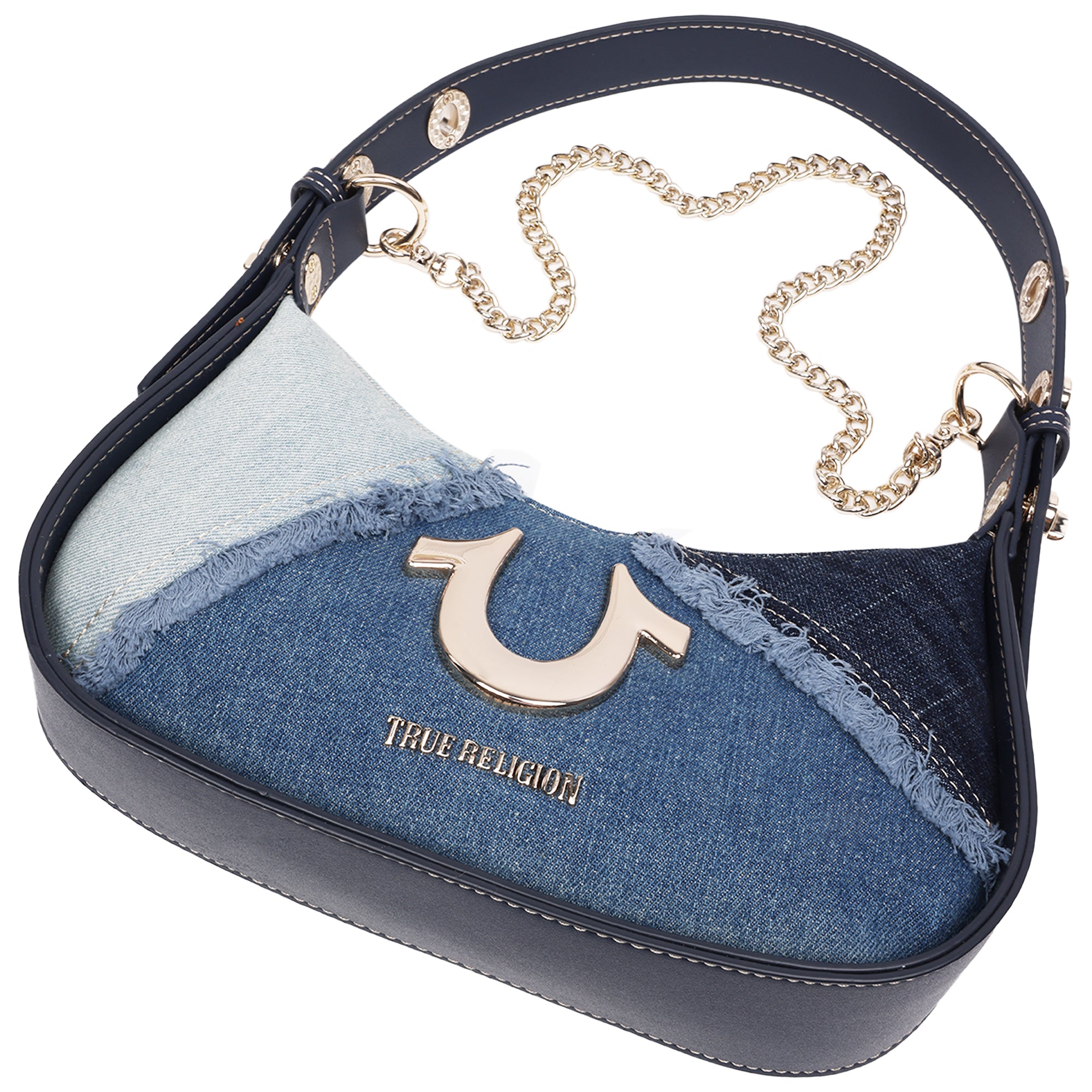 True Religion Frayed Denim Horseshoe Flap Shoulder Bag