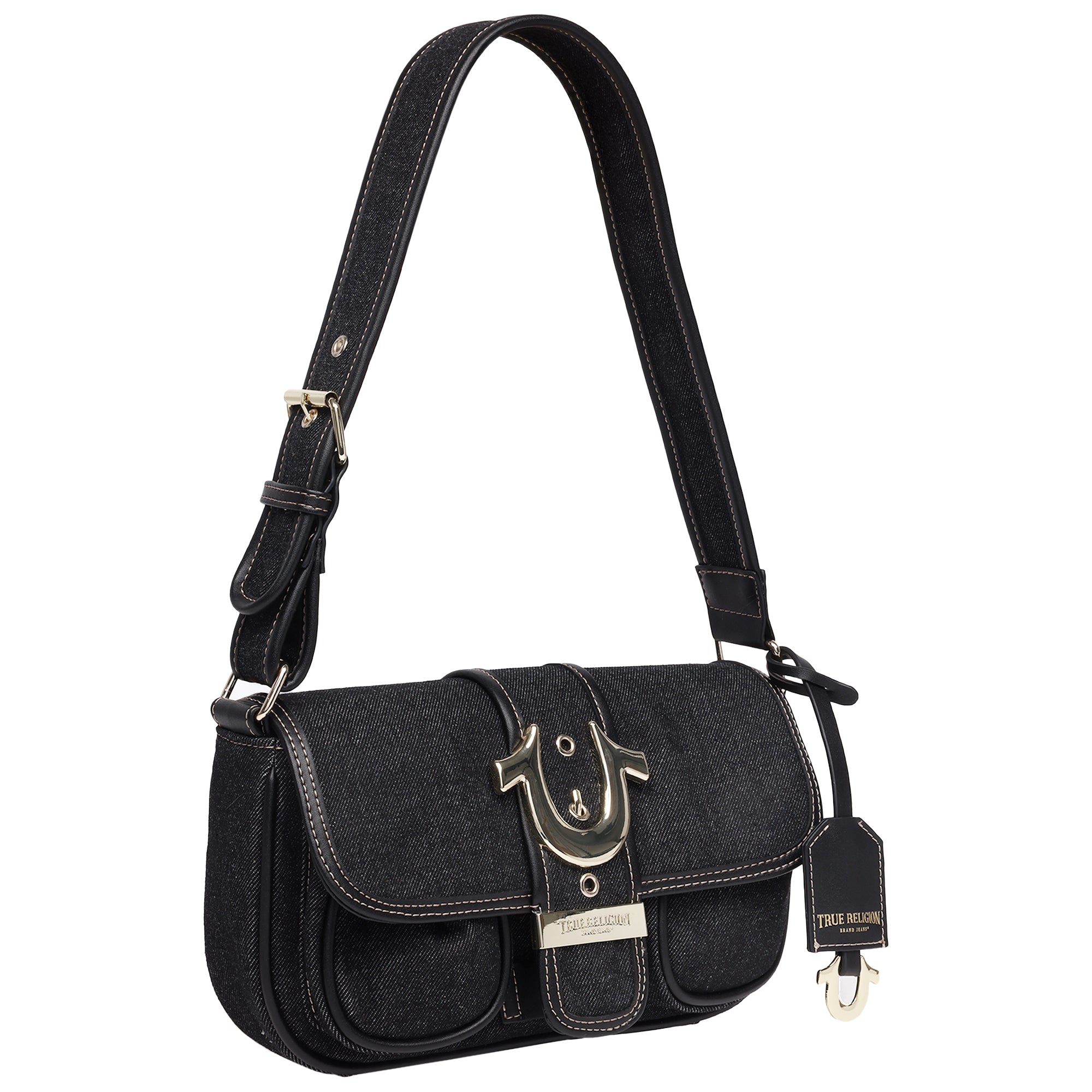 True Religion Double Pocket Denim Satchel with Horseshoe Hardware