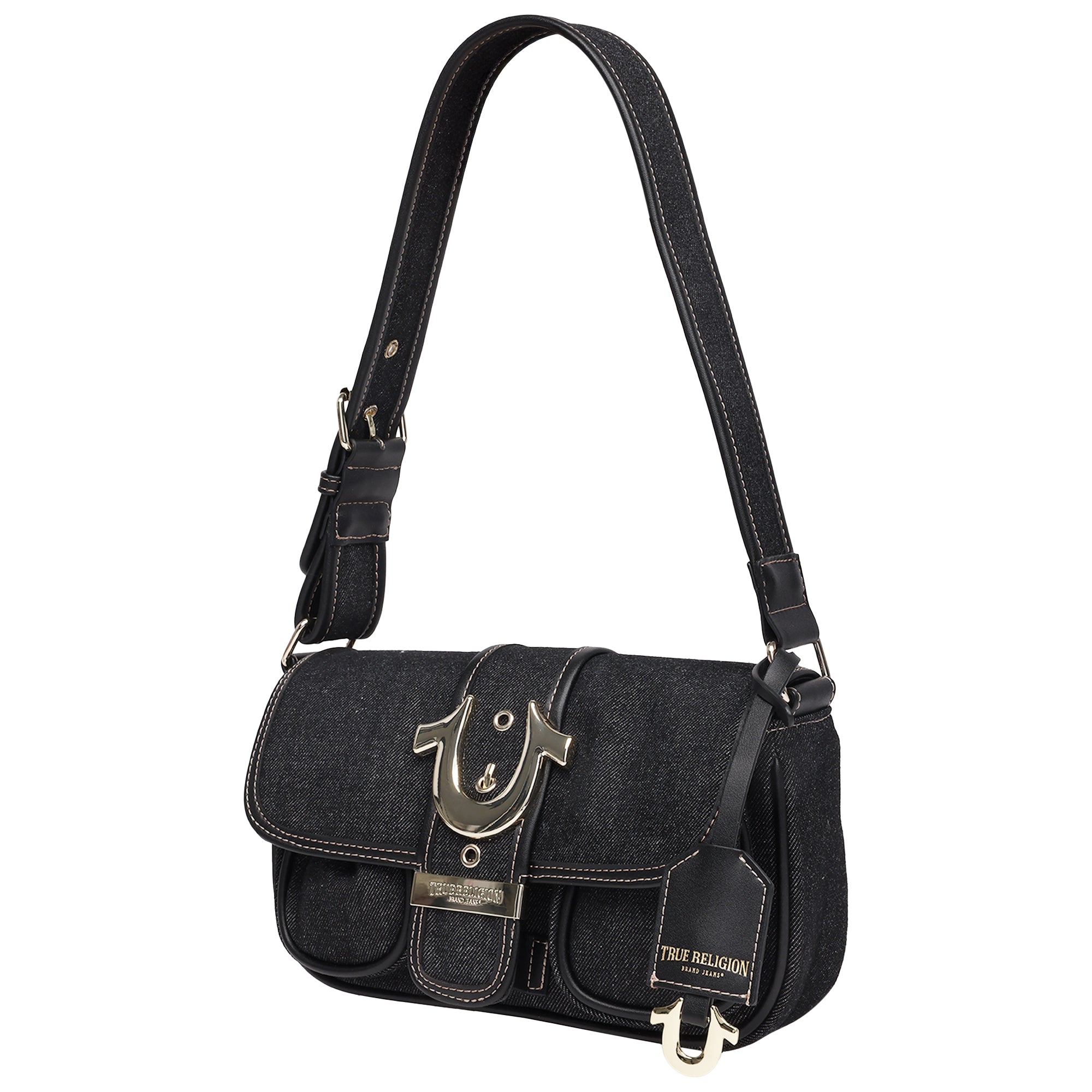True Religion Double Pocket Denim Satchel with Horseshoe Hardware