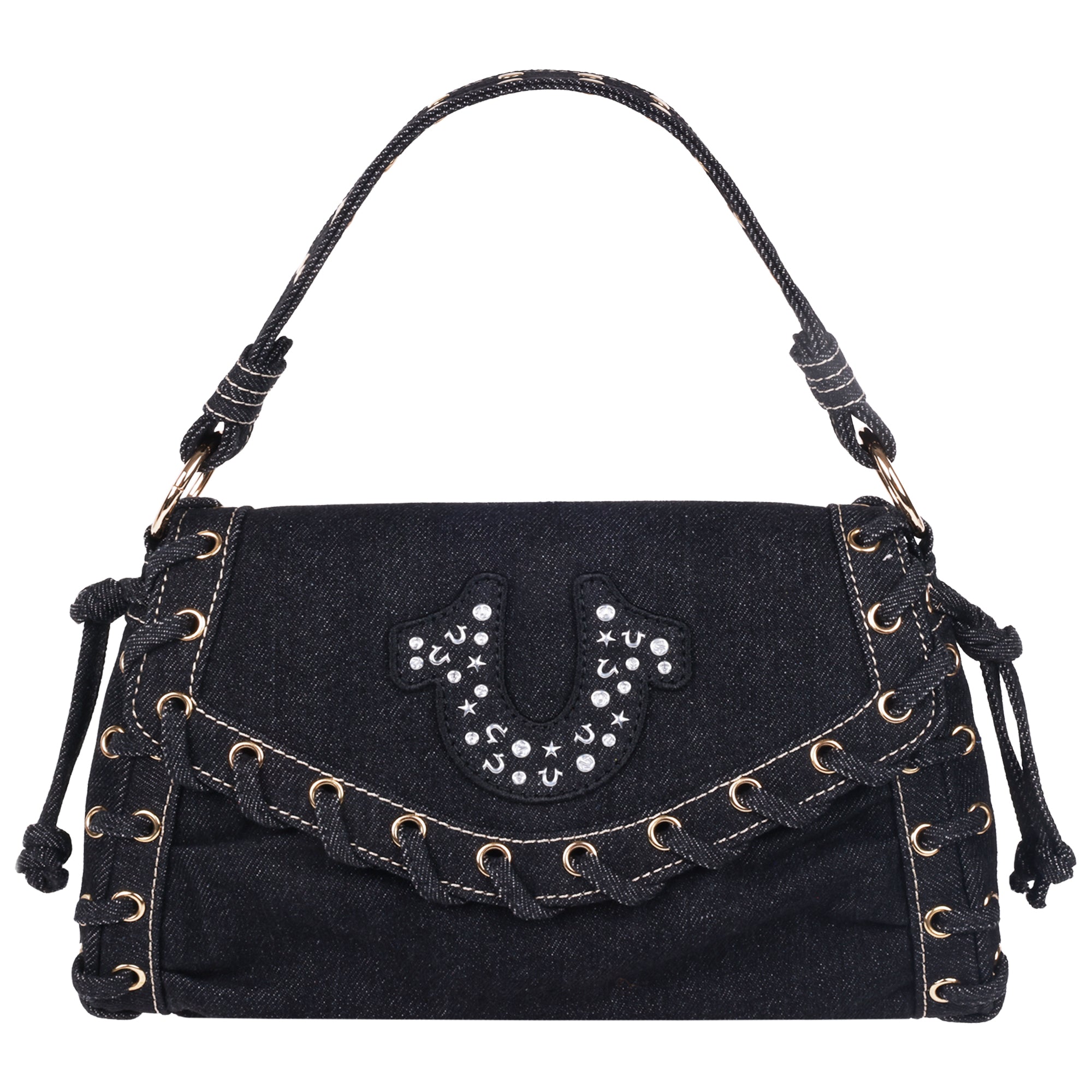 True Religion Studded Horseshoe Eyelet Denim Flap Bag