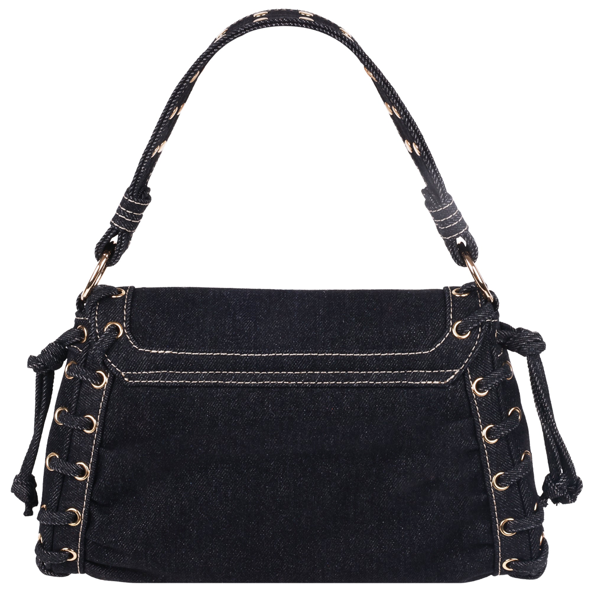 True Religion Studded Horseshoe Eyelet Denim Flap Bag