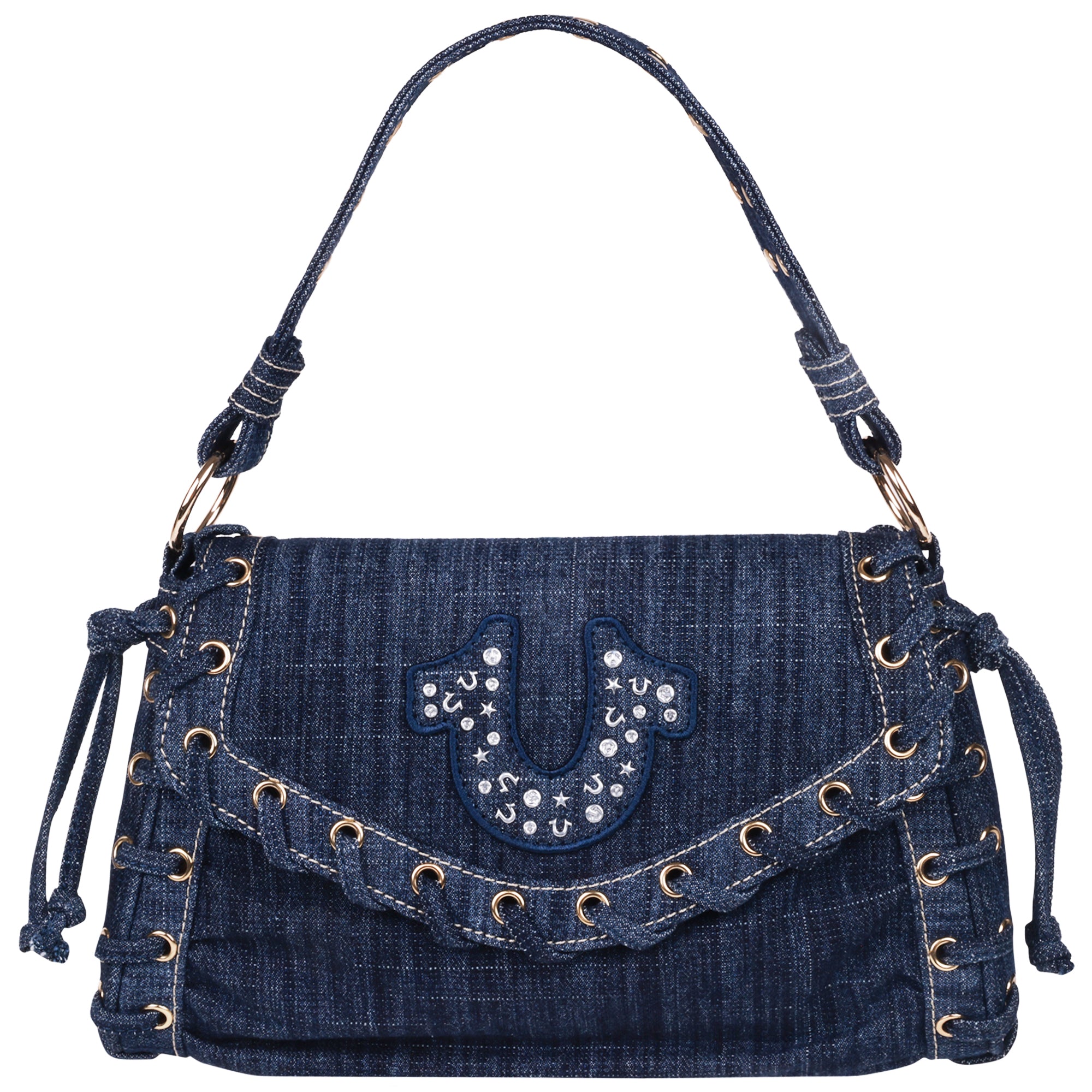 True Religion Studded Horseshoe Eyelet Denim Flap Bag