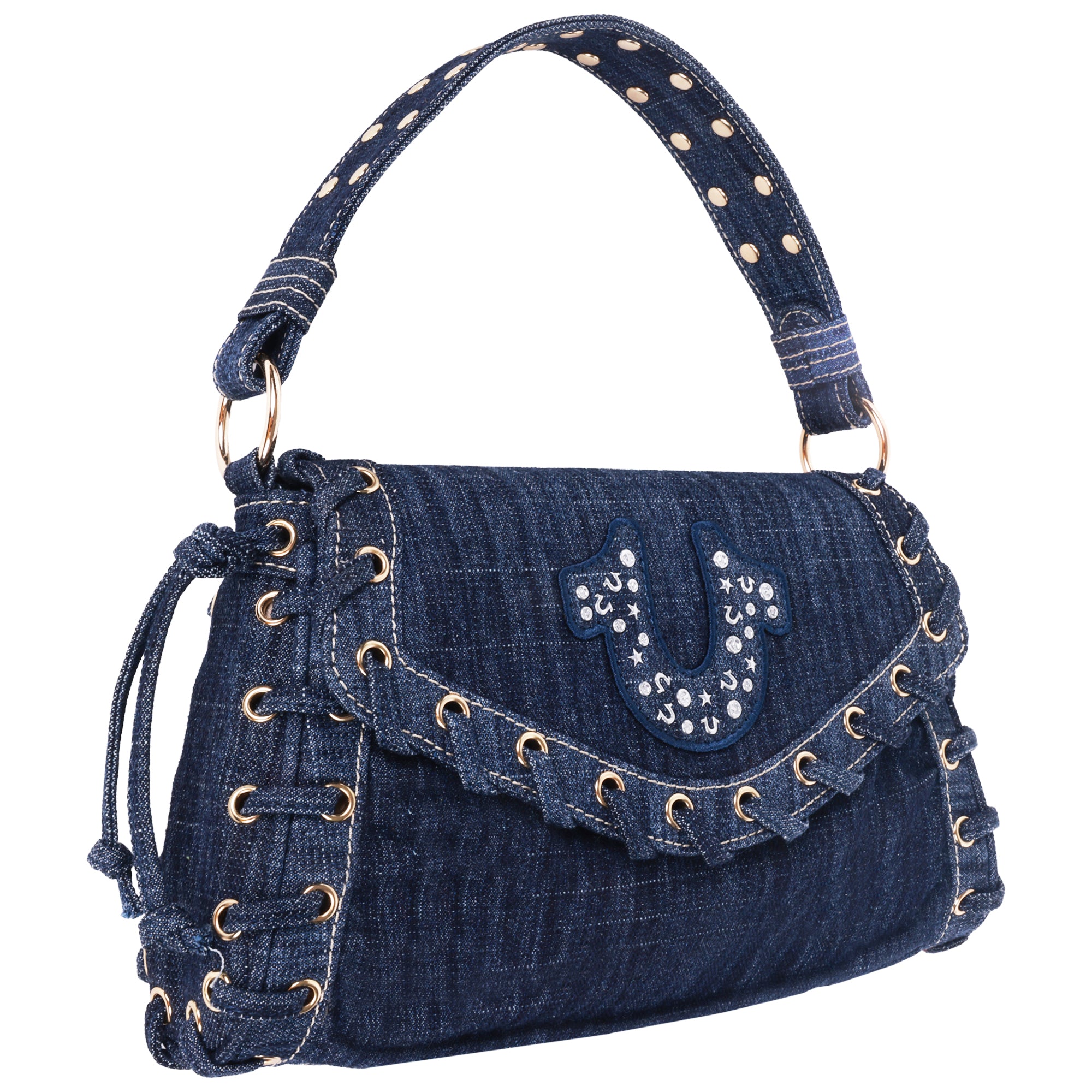 True Religion Studded Horseshoe Eyelet Denim Flap Bag