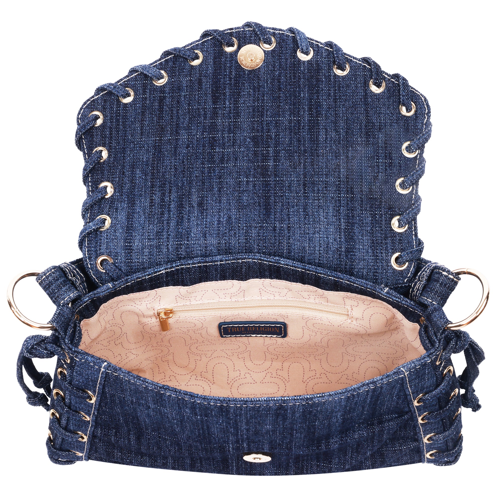 True Religion Studded Horseshoe Eyelet Denim Flap Bag