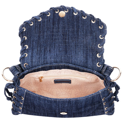 True Religion Studded Horseshoe Eyelet Denim Flap Bag
