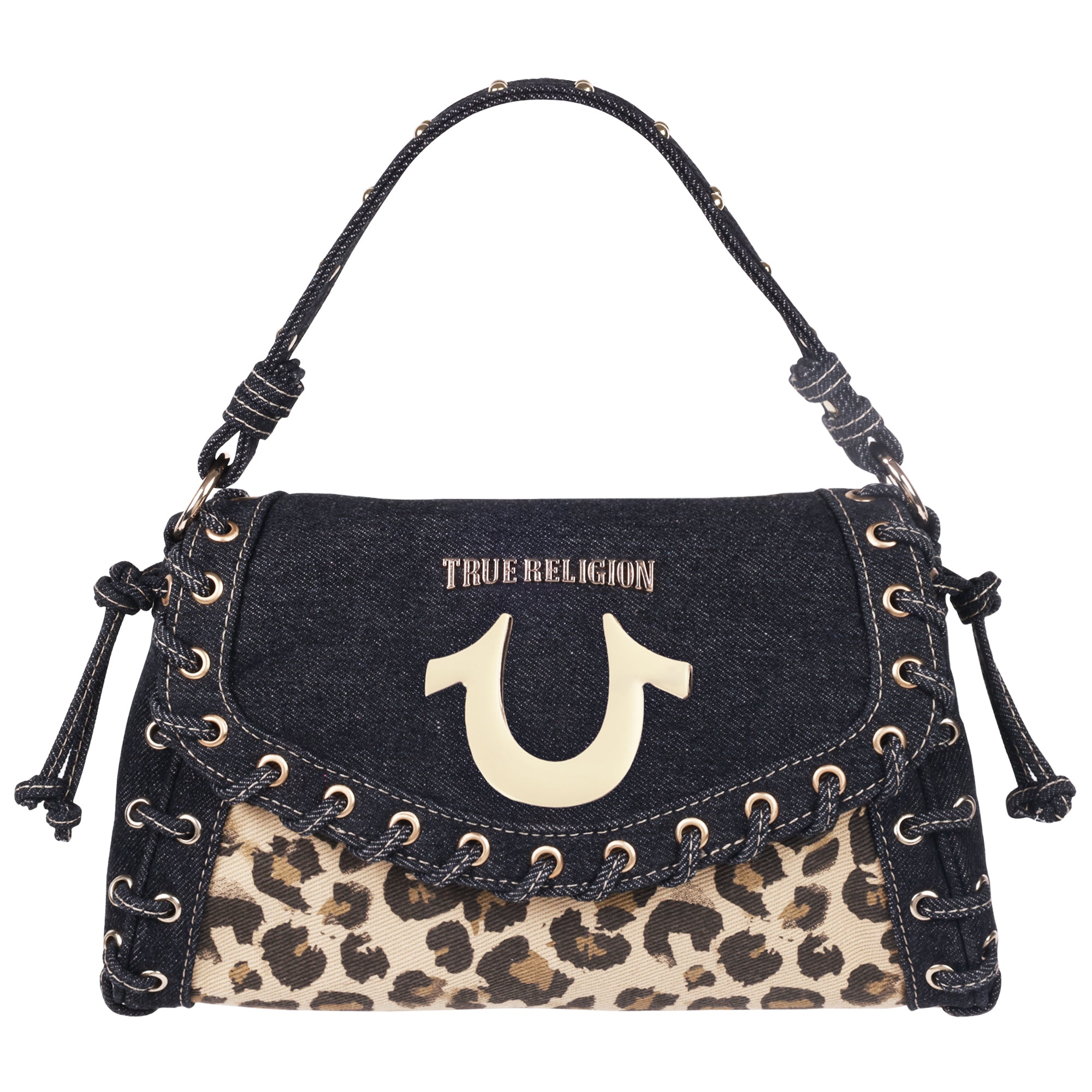 True Religion Denim Leopard Eyelet Trim Flap Bag