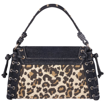 True Religion Denim Leopard Eyelet Trim Flap Bag