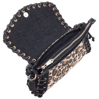 True Religion Denim Leopard Eyelet Trim Flap Bag