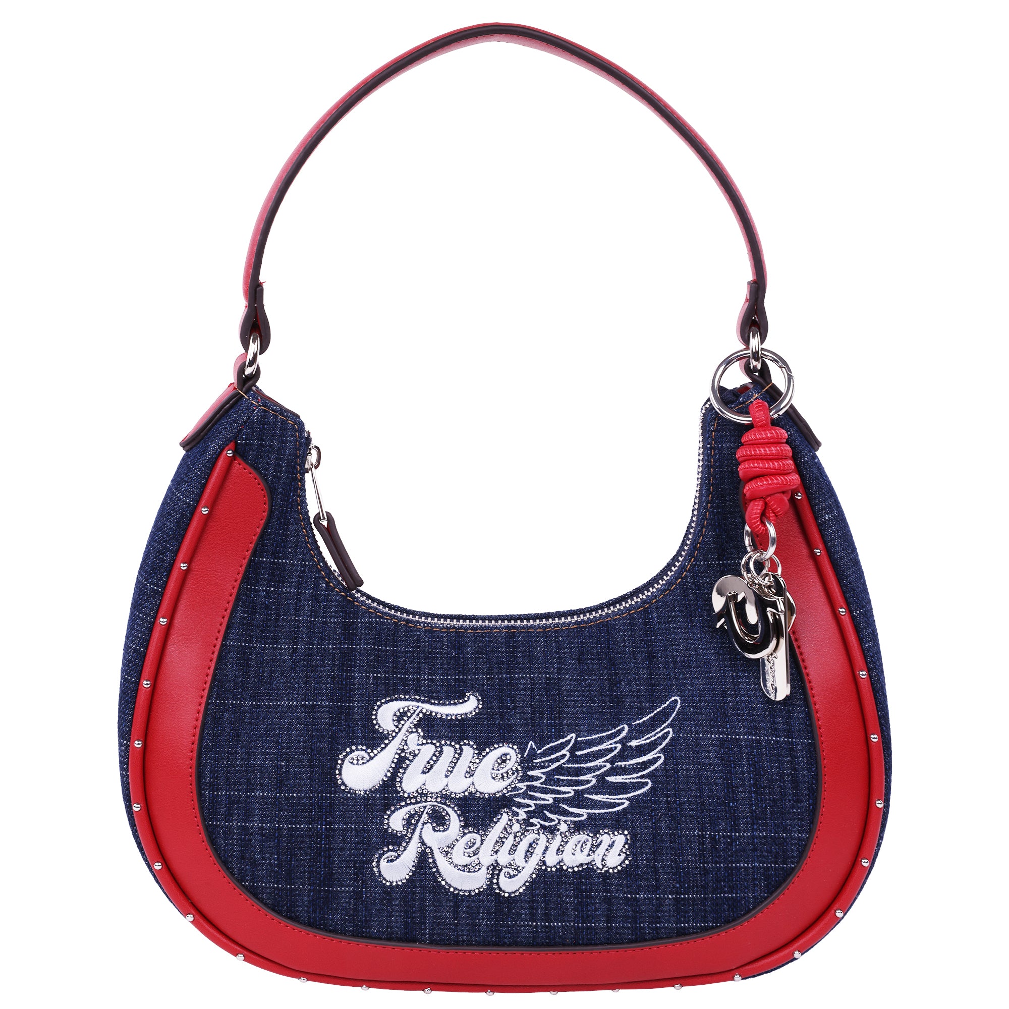 True Religion Wing Motif Denim Hobo Bag with Red Trim