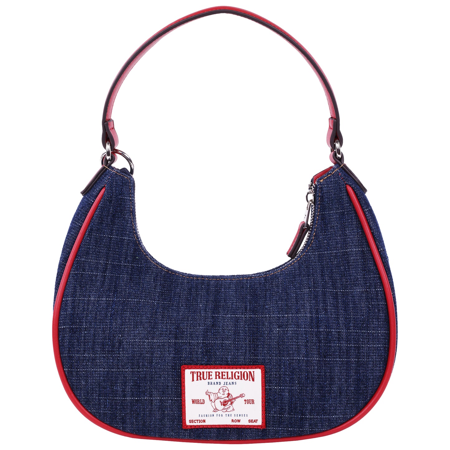 True Religion Wing Motif Denim Hobo Bag with Red Trim