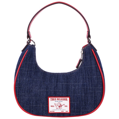 True Religion Wing Motif Denim Hobo Bag with Red Trim