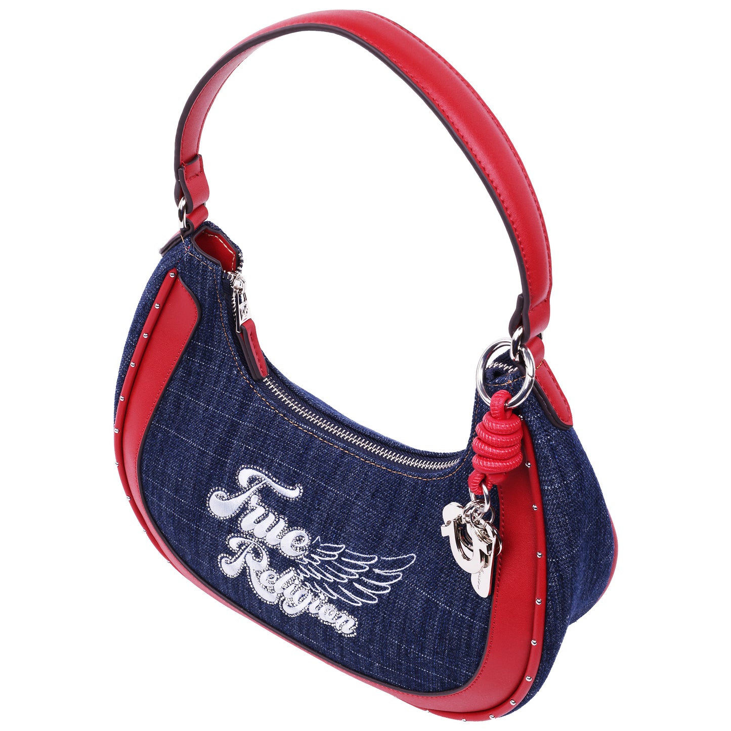 True Religion Wing Motif Denim Hobo Bag with Red Trim