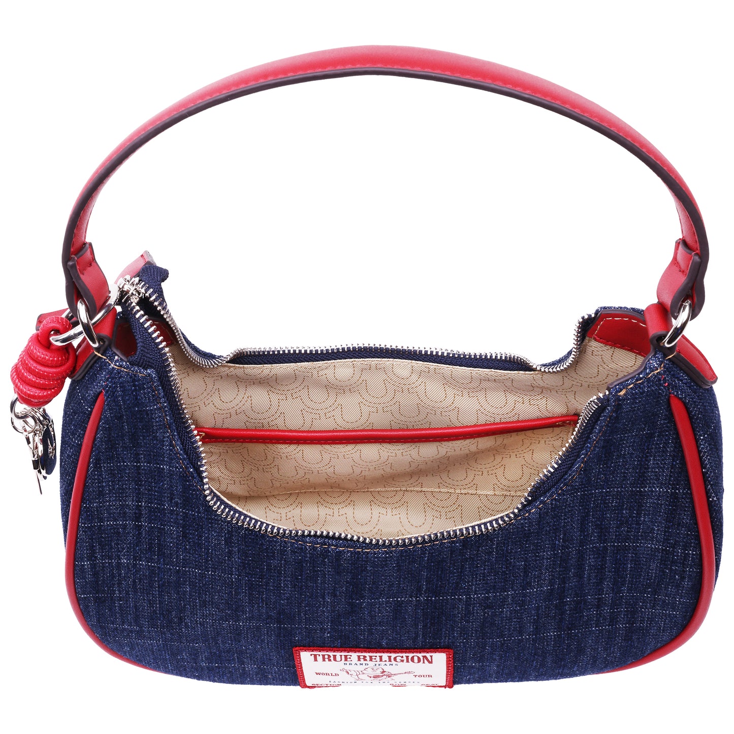 True Religion Wing Motif Denim Hobo Bag with Red Trim