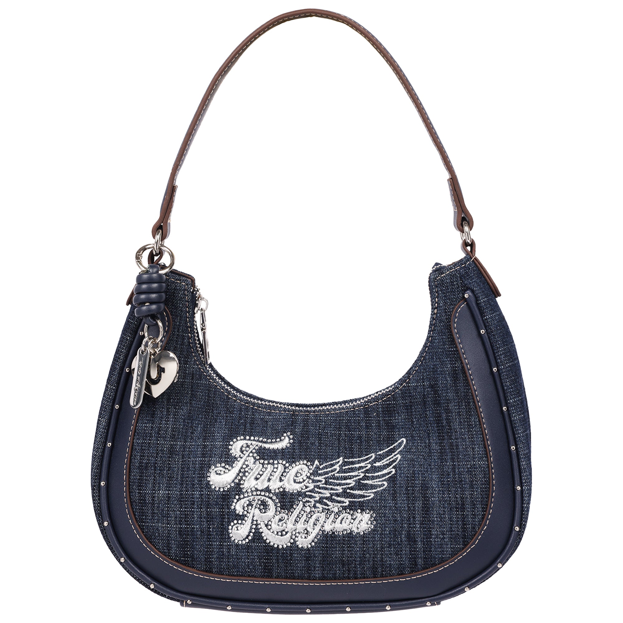 True Religion Wing Motif Denim Hobo Bag with Red Trim