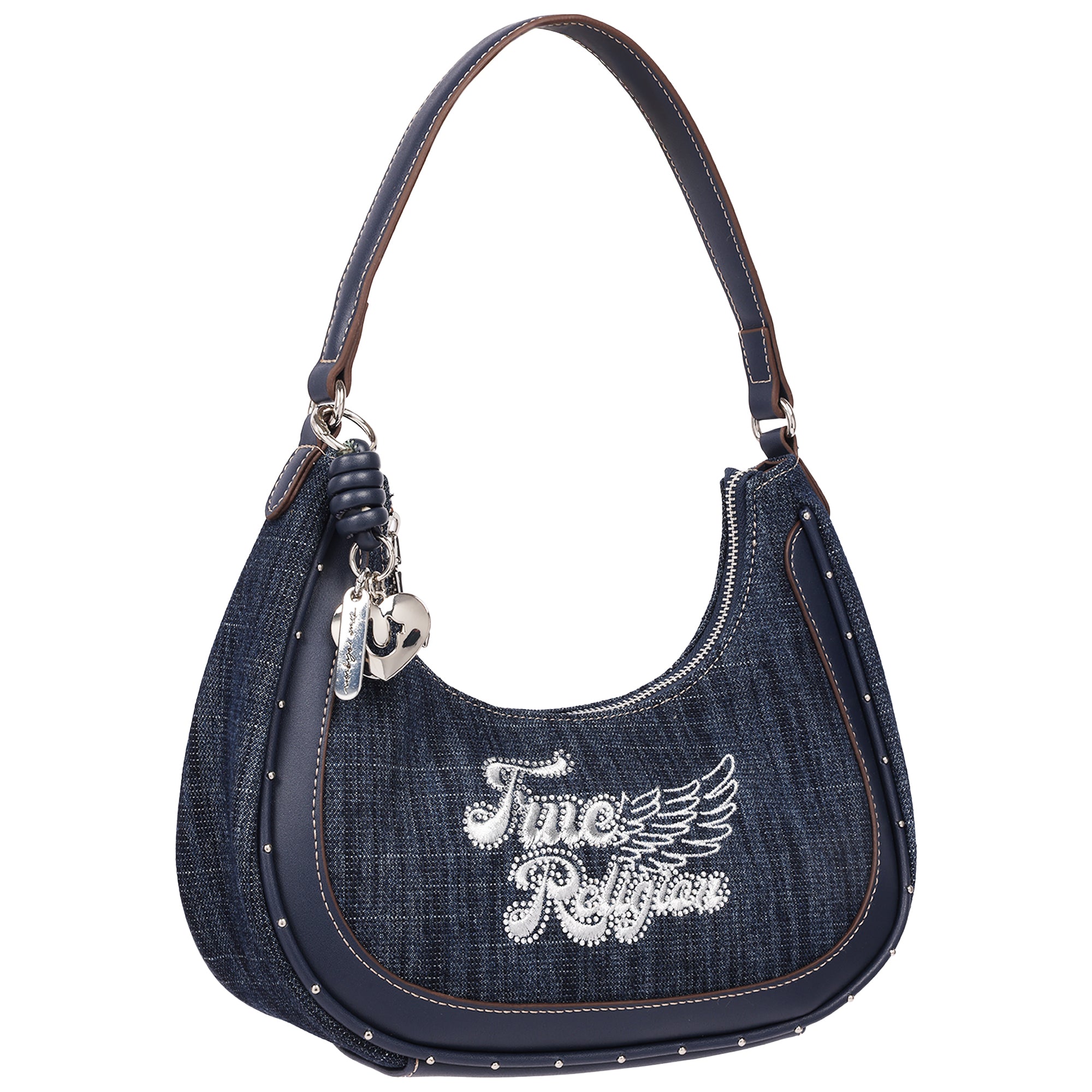 True Religion Wing Motif Denim Hobo Bag with Red Trim