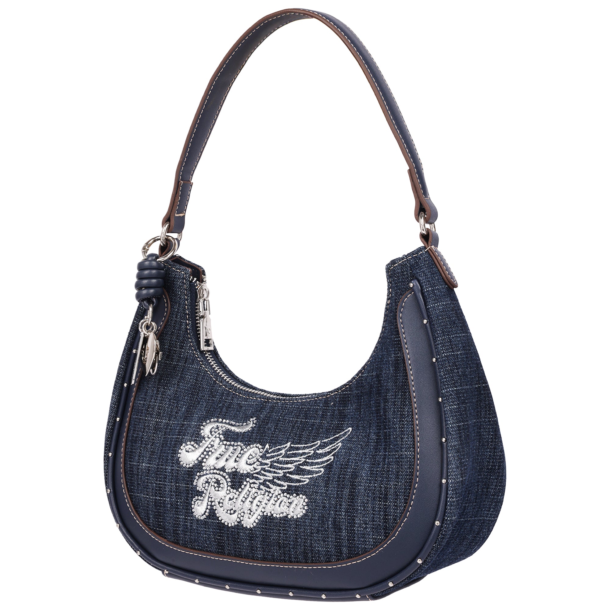 True Religion Wing Motif Denim Hobo Bag with Red Trim