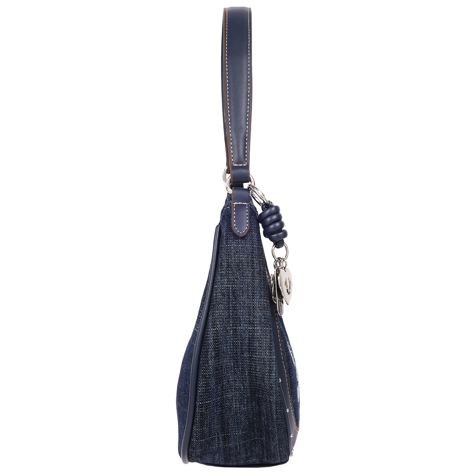 True Religion Wing Motif Denim Hobo Bag with Red Trim