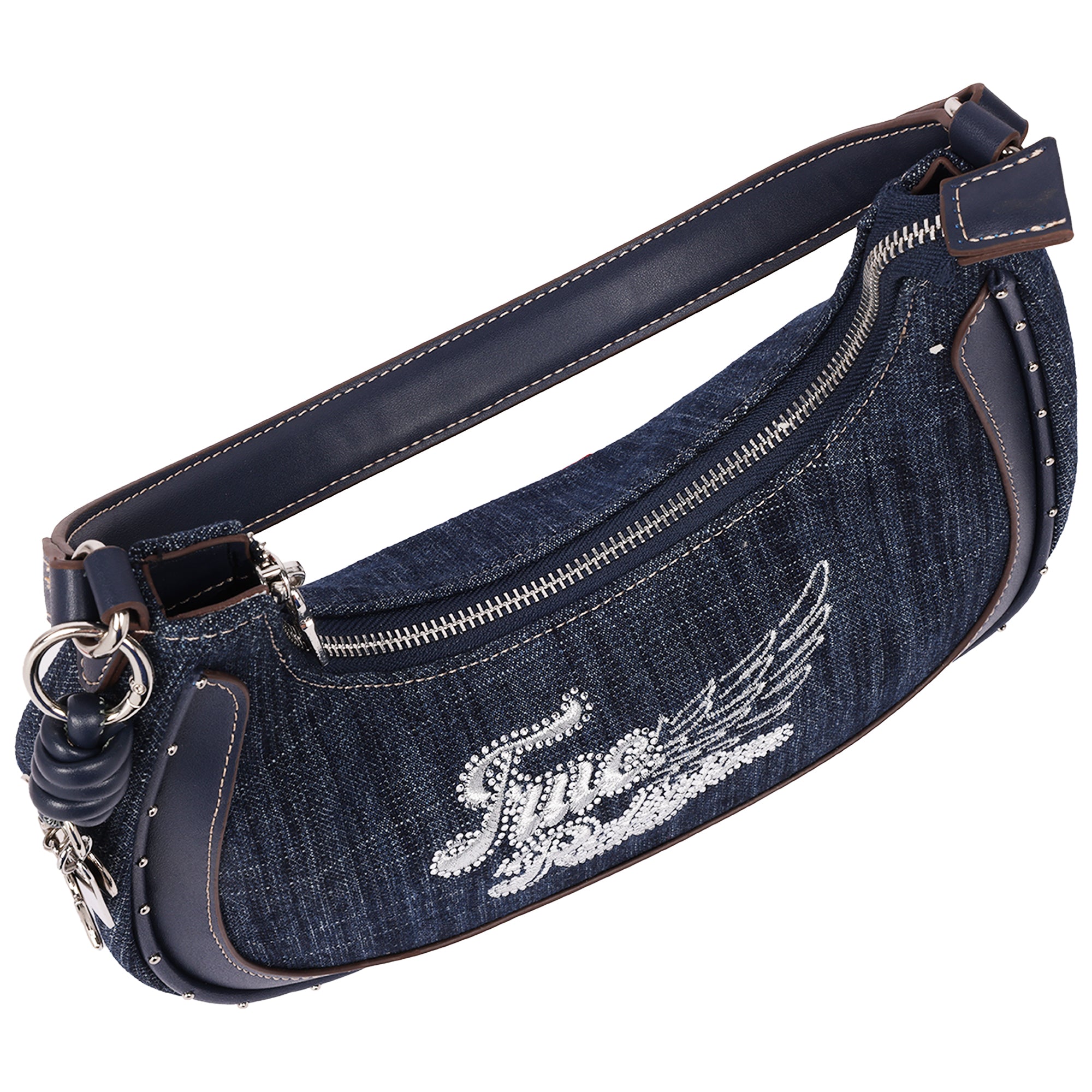 True Religion Wing Motif Denim Hobo Bag with Red Trim