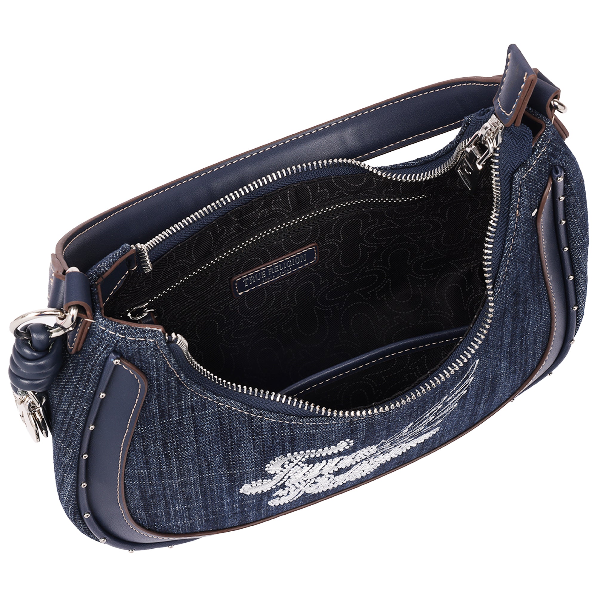 True Religion Wing Motif Denim Hobo Bag with Red Trim
