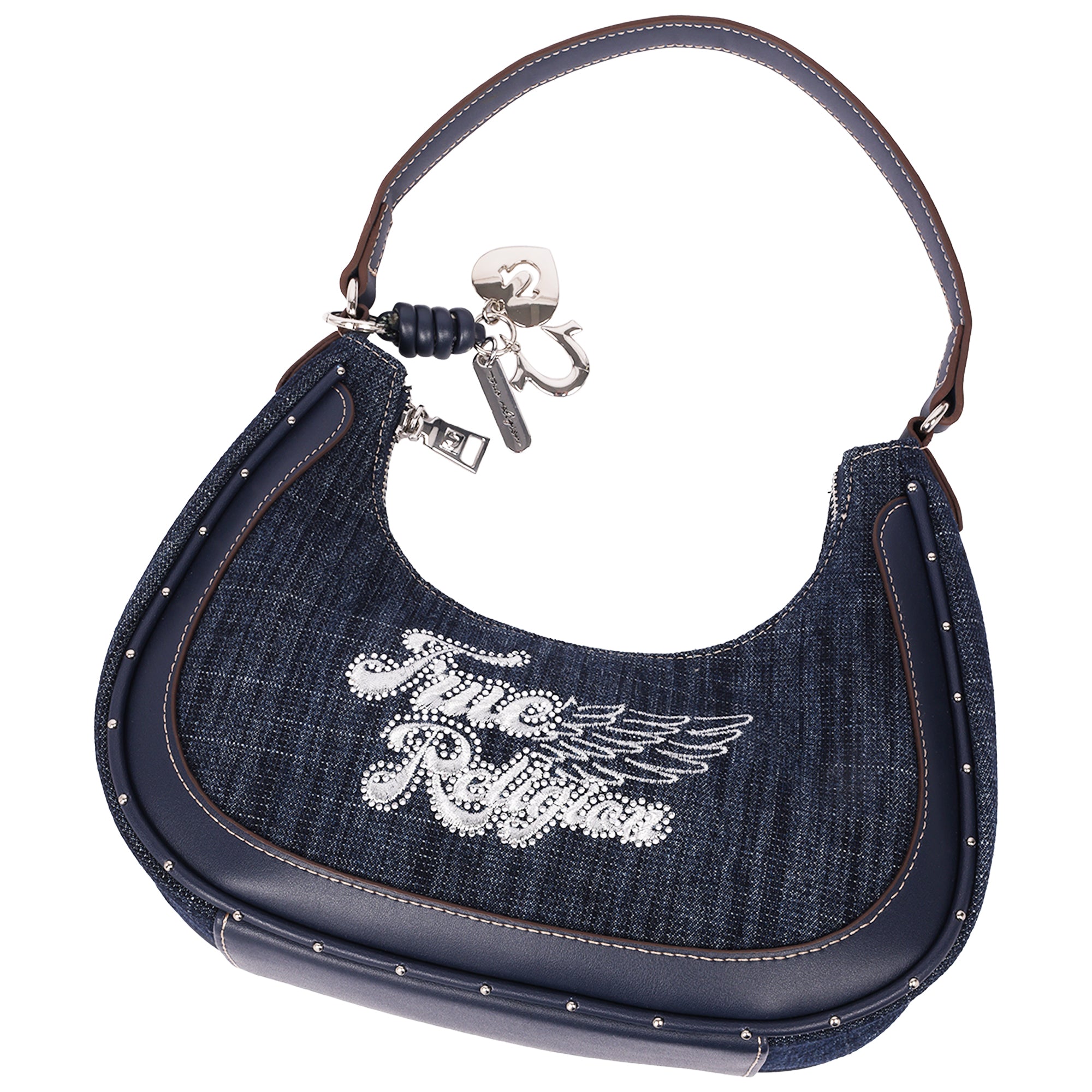 True Religion Wing Motif Denim Hobo Bag with Red Trim