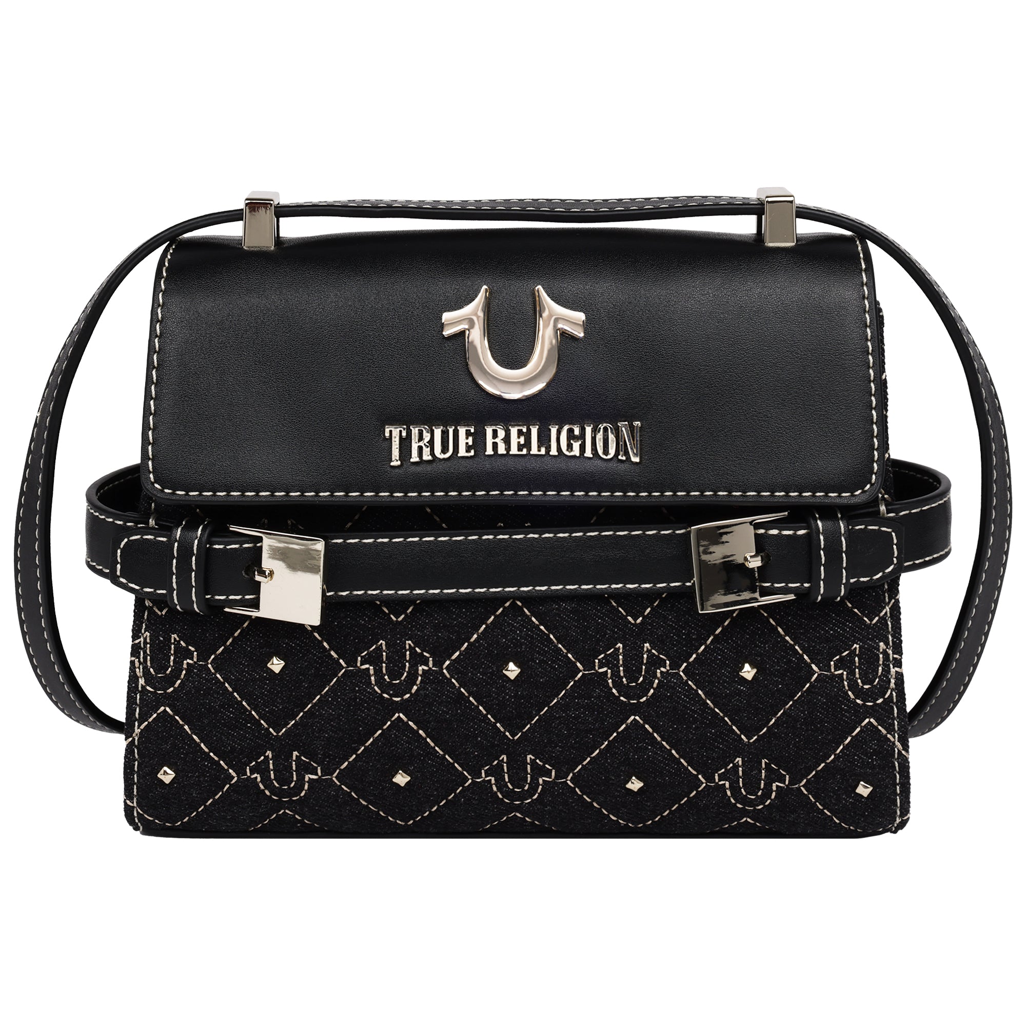 True Religion Studded Denim Flap Crossbody Bag
