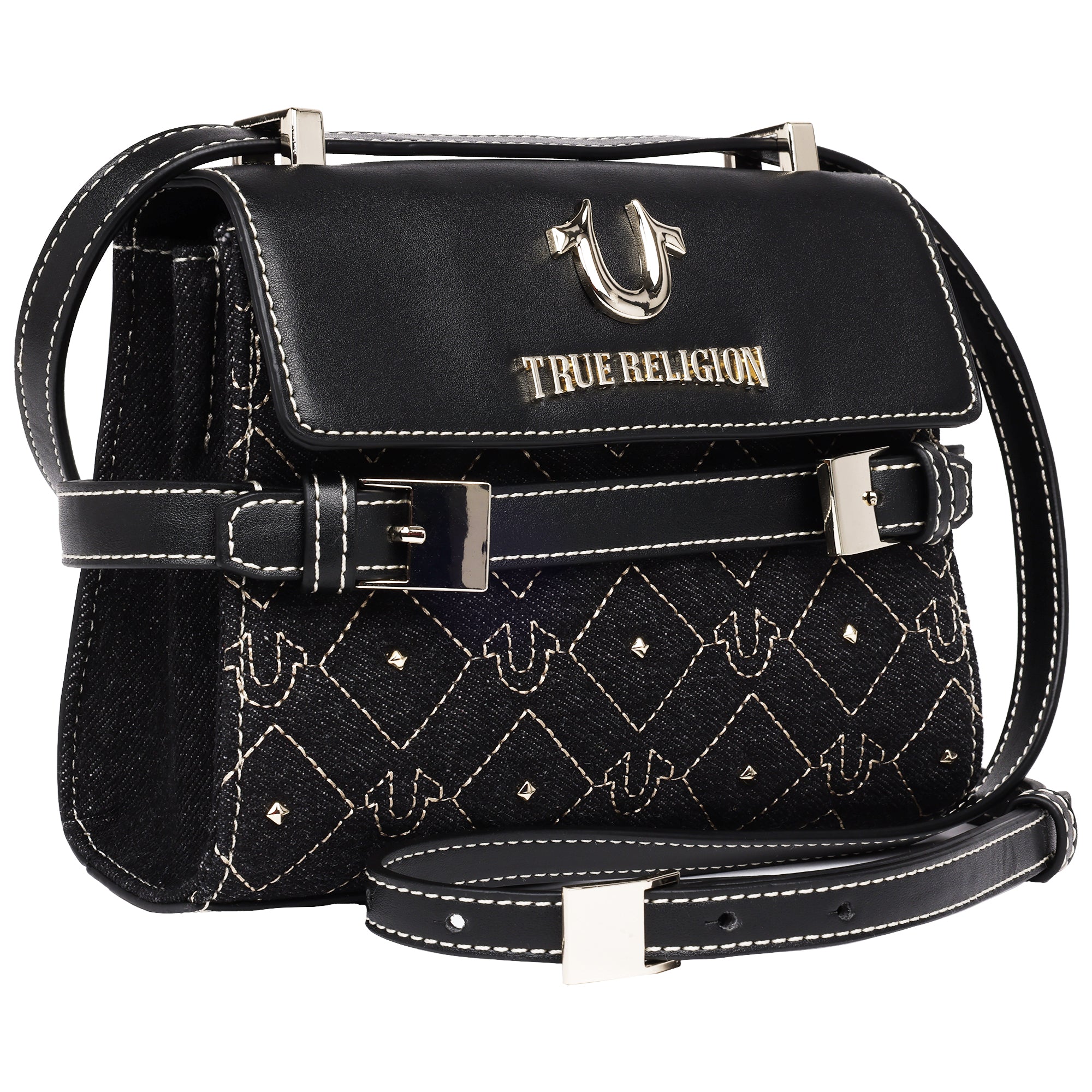 True Religion Studded Denim Flap Crossbody Bag