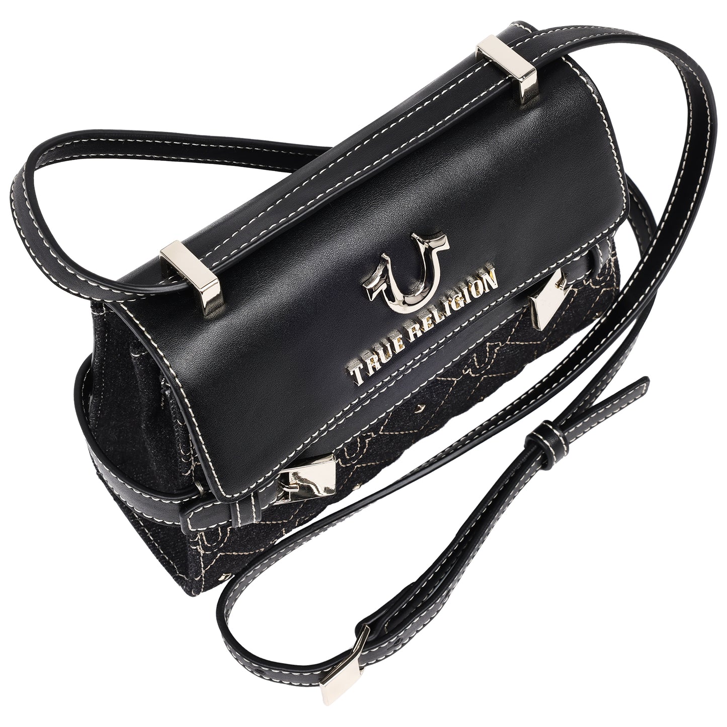 True Religion Studded Denim Flap Crossbody Bag