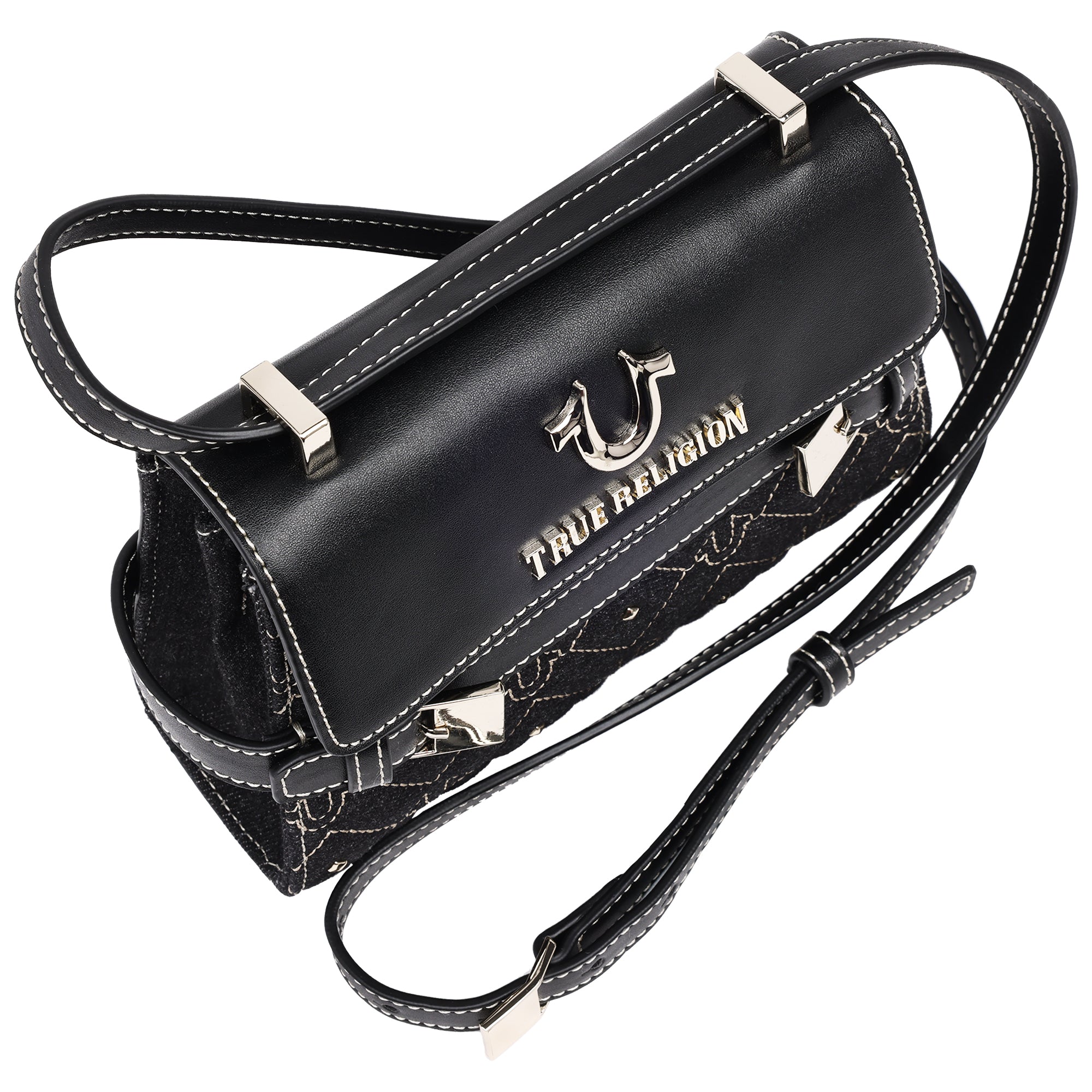True Religion Studded Denim Flap Crossbody Bag