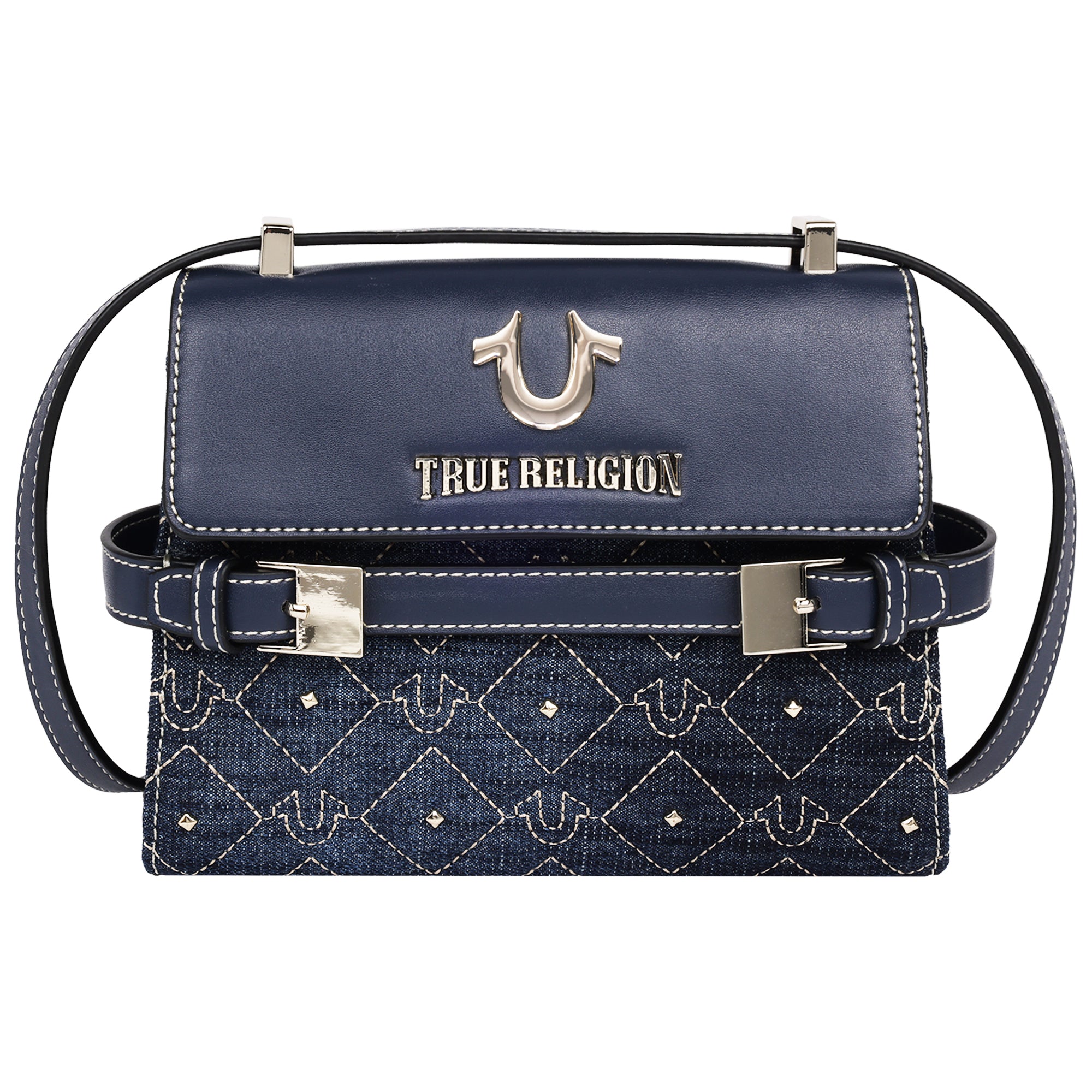 True Religion Studded Denim Flap Crossbody Bag