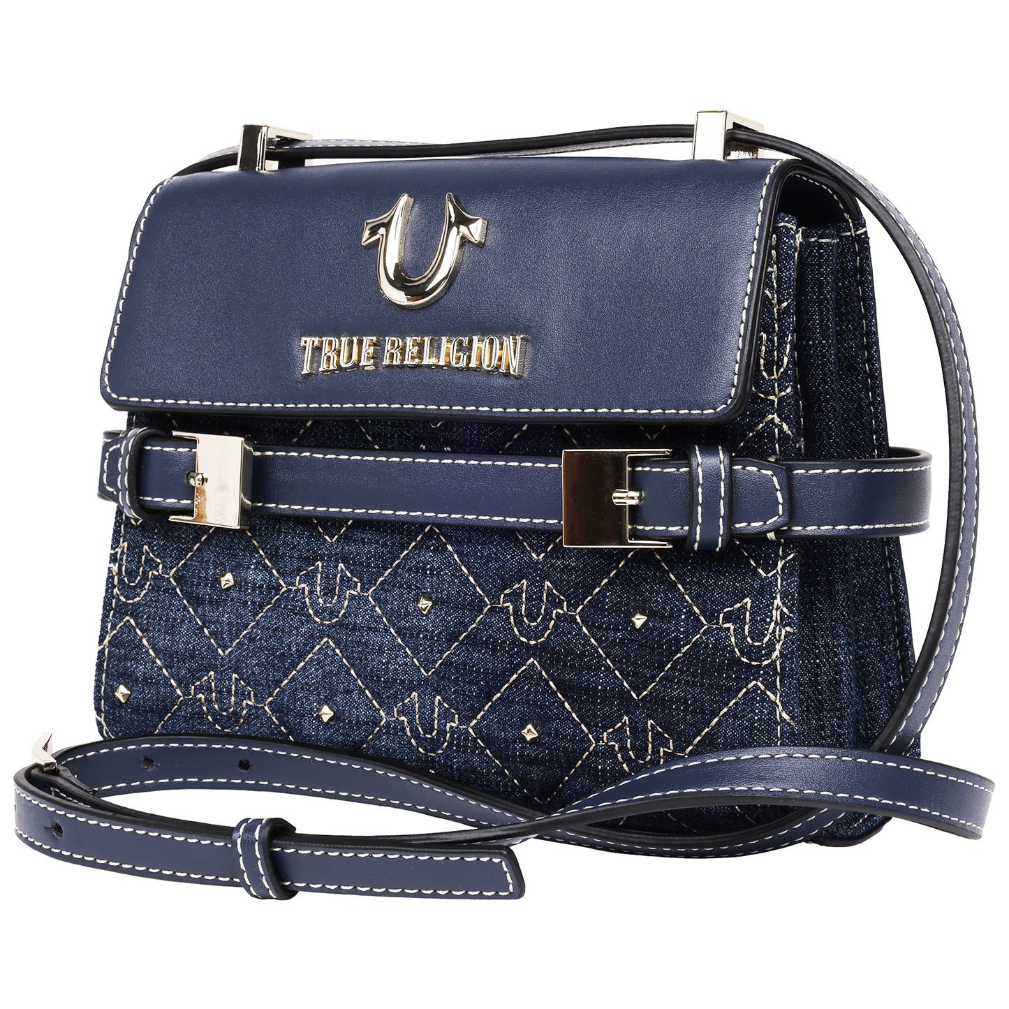 True Religion Studded Denim Flap Crossbody Bag