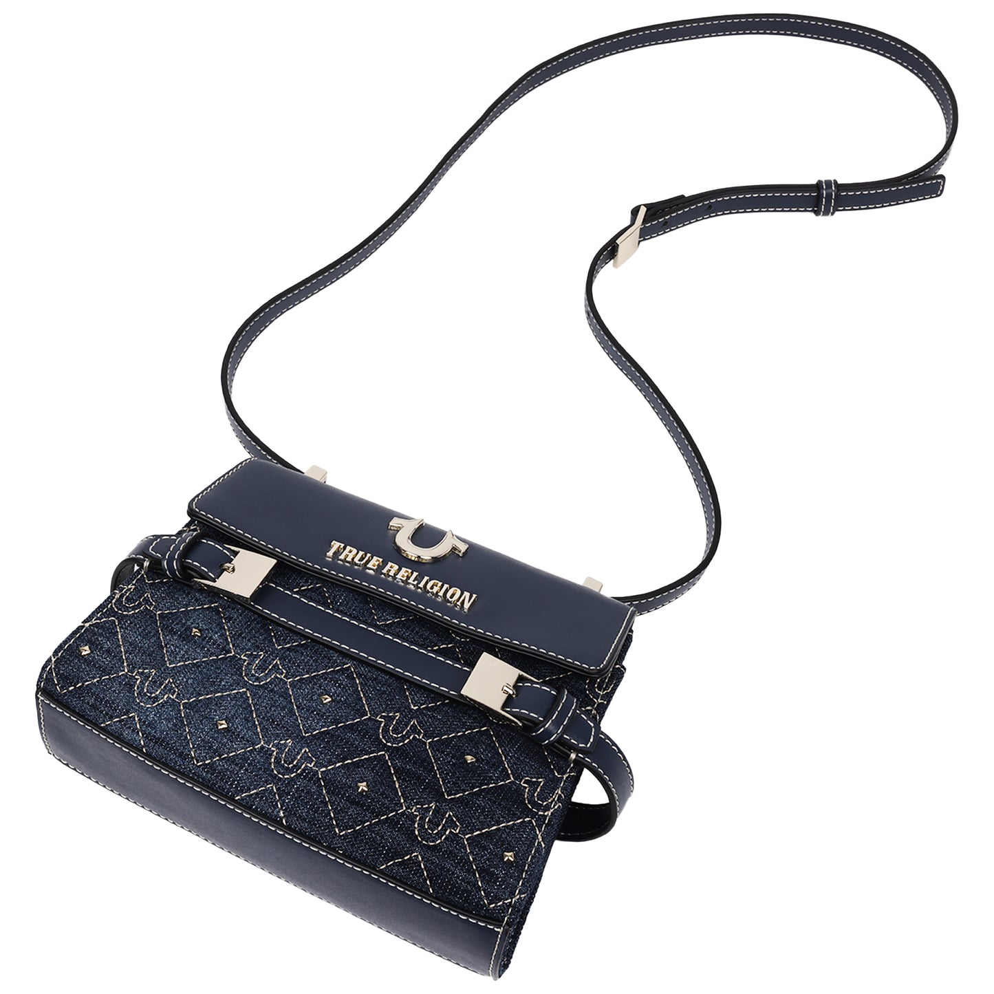 True Religion Studded Denim Flap Crossbody Bag