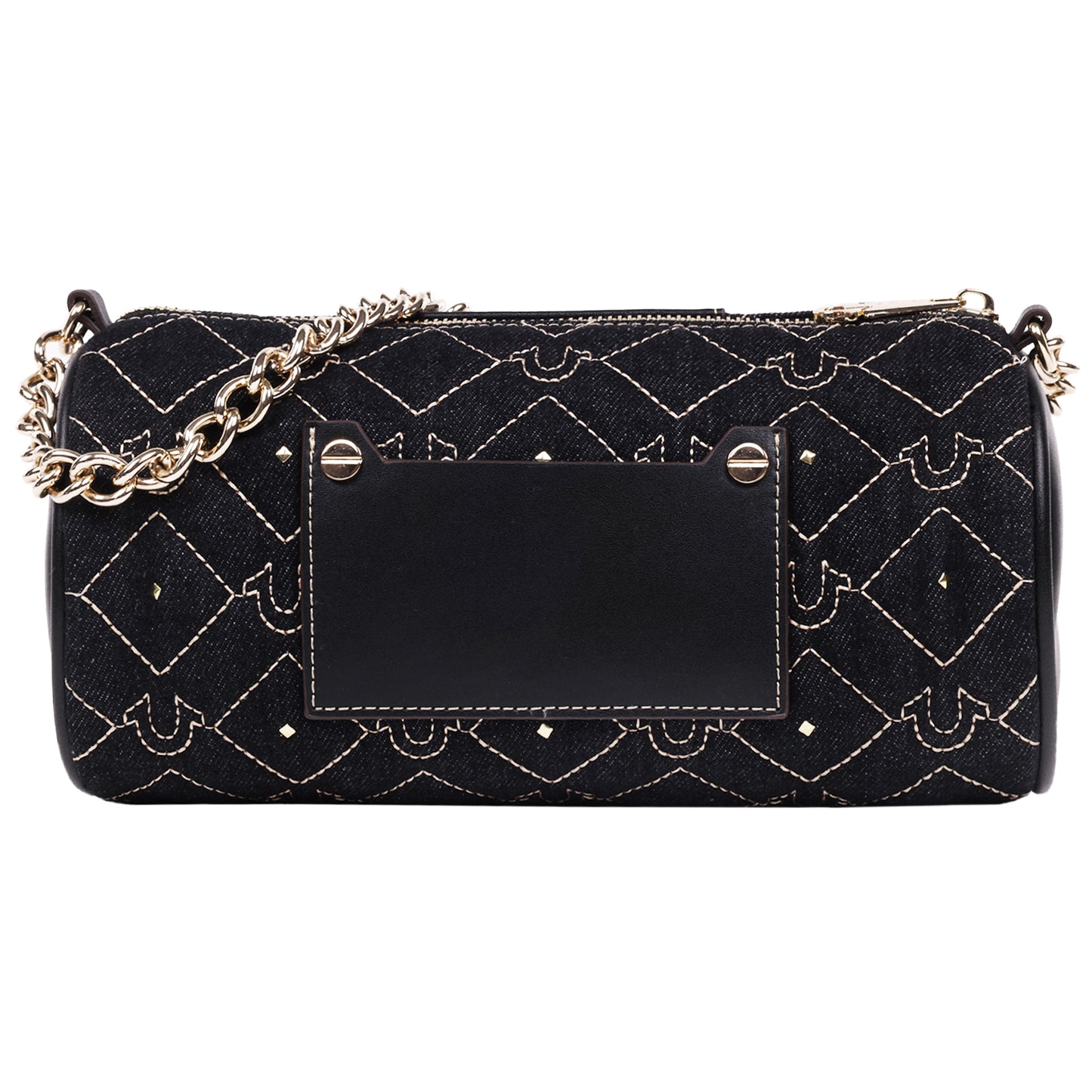 True Religion Studded Denim Zip Top Barrel Bag