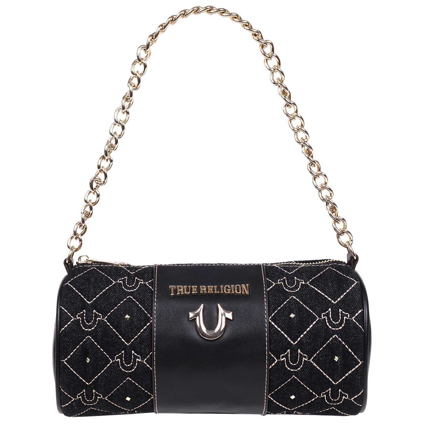 True Religion Studded Denim Zip Top Barrel Bag