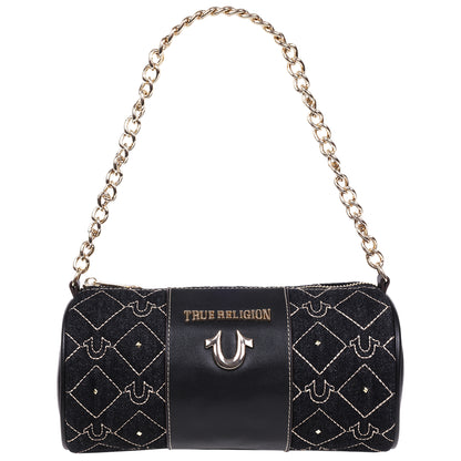 True Religion Studded Denim Zip Top Barrel Bag