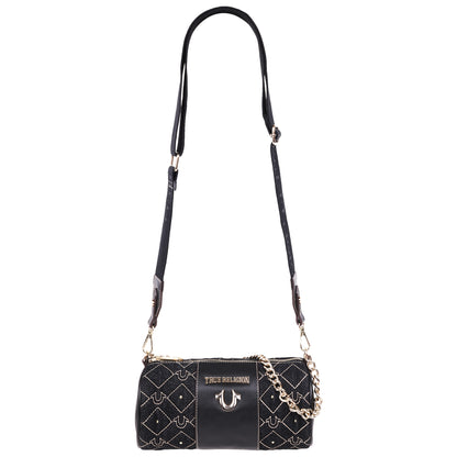 True Religion Studded Denim Zip Top Barrel Bag