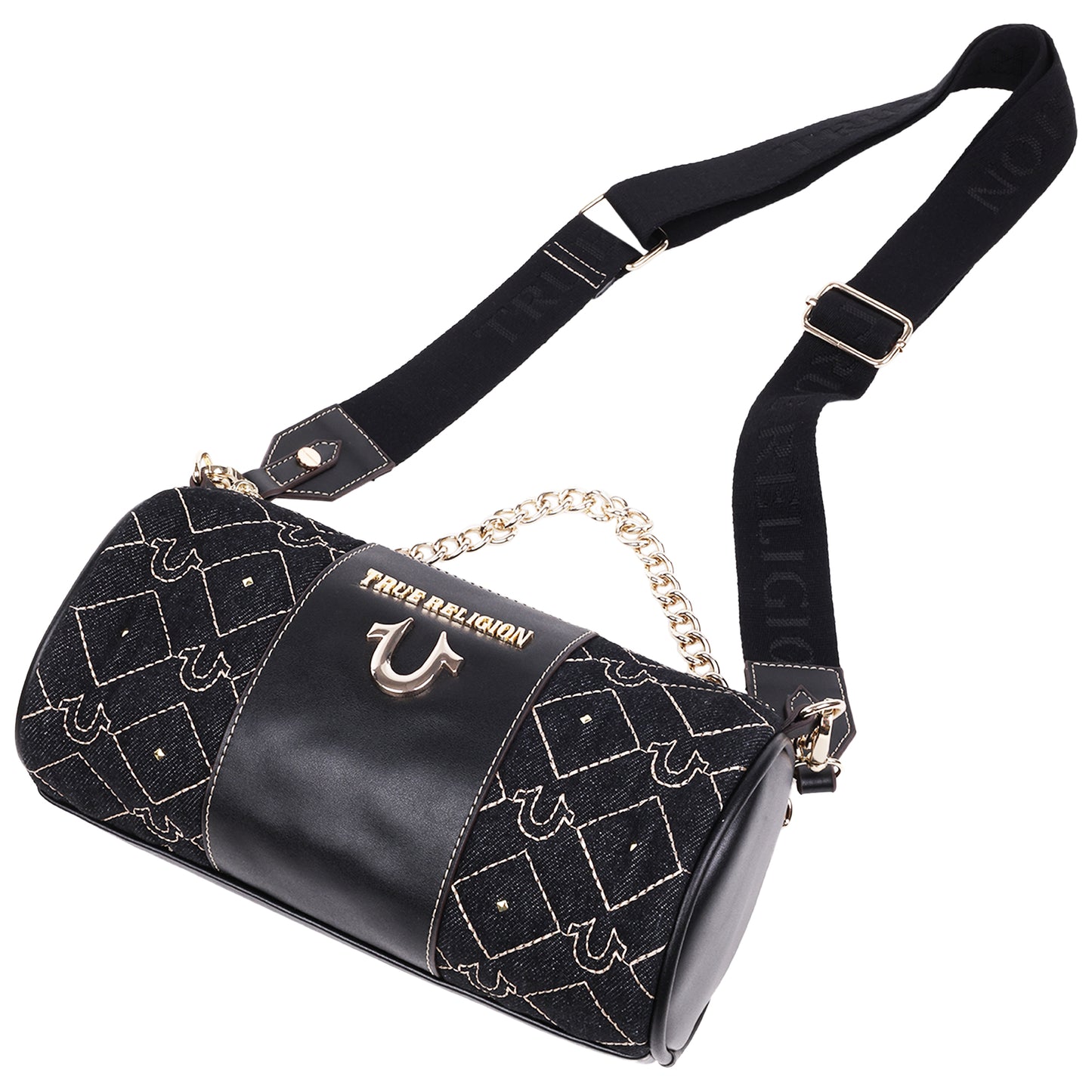 True Religion Studded Denim Zip Top Barrel Bag