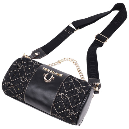 True Religion Studded Denim Zip Top Barrel Bag