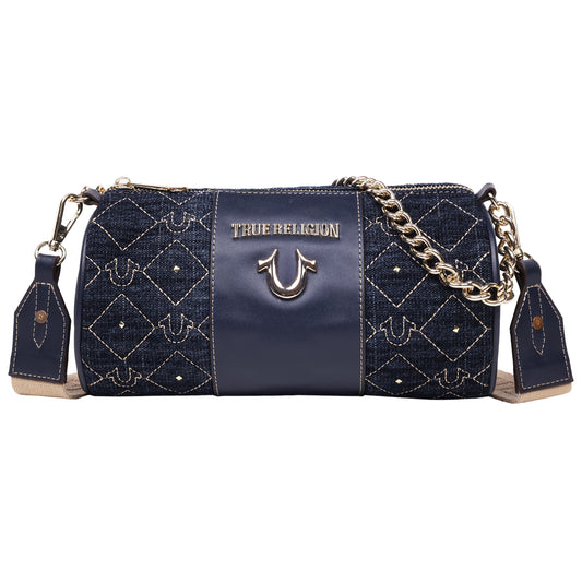 True Religion Studded Denim Zip Top Barrel Bag