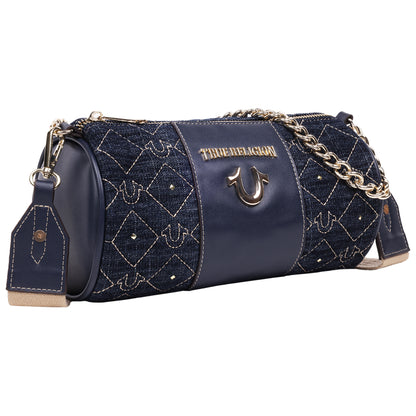 True Religion Studded Denim Zip Top Barrel Bag