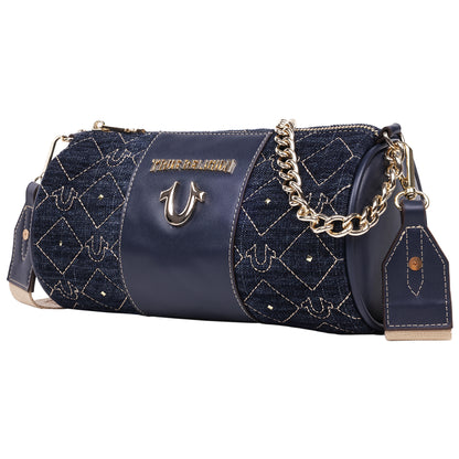 True Religion Studded Denim Zip Top Barrel Bag