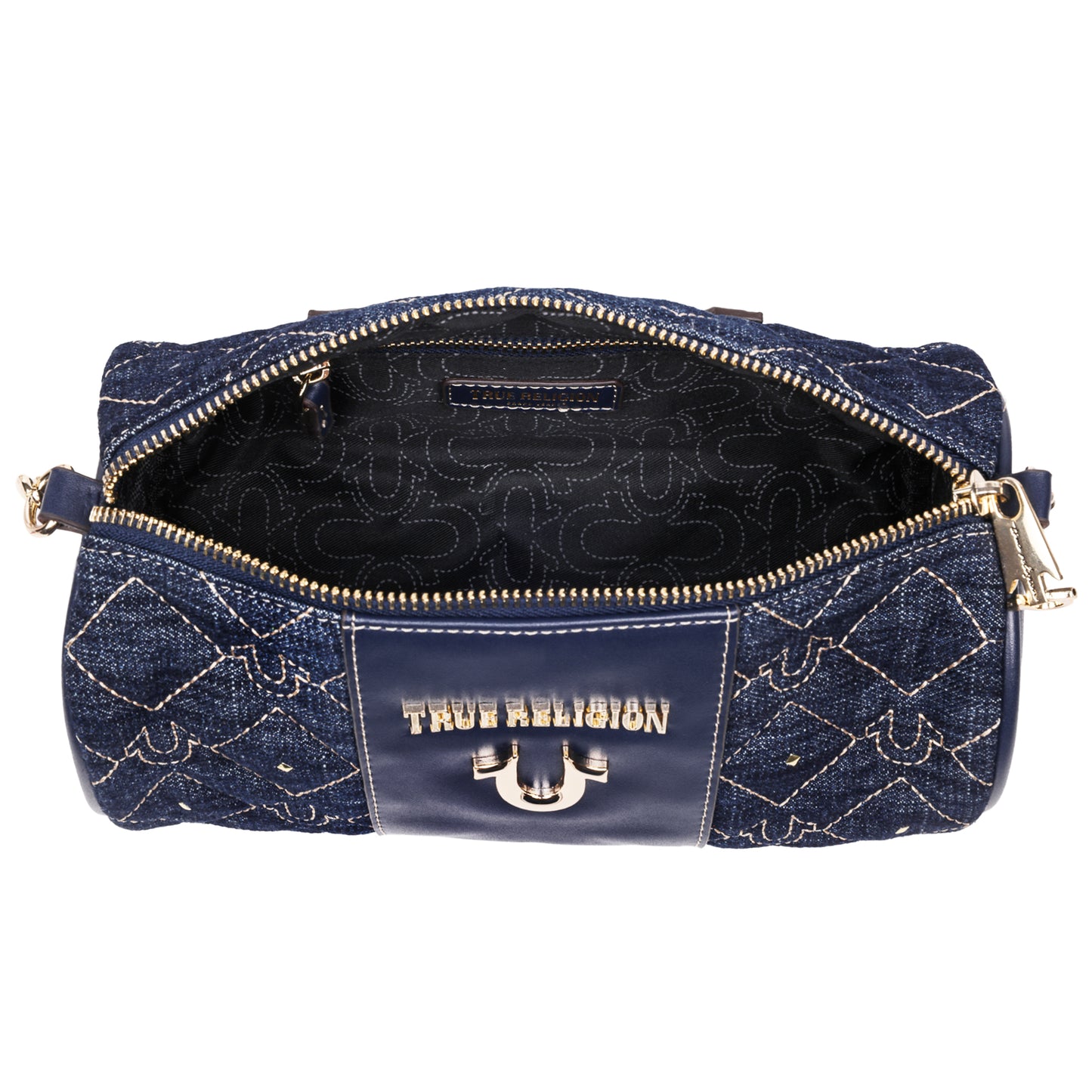 True Religion Studded Denim Zip Top Barrel Bag