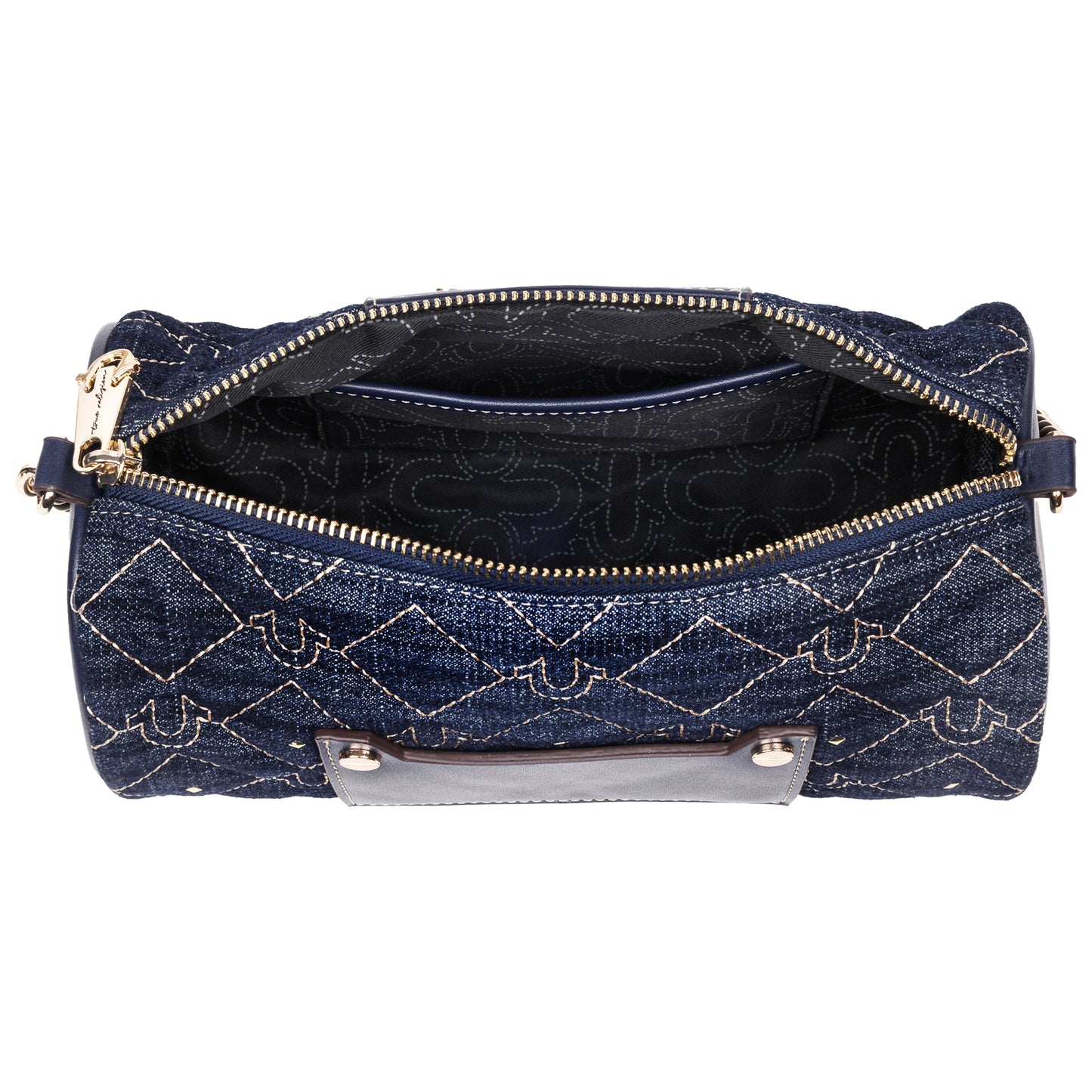 True Religion Studded Denim Zip Top Barrel Bag