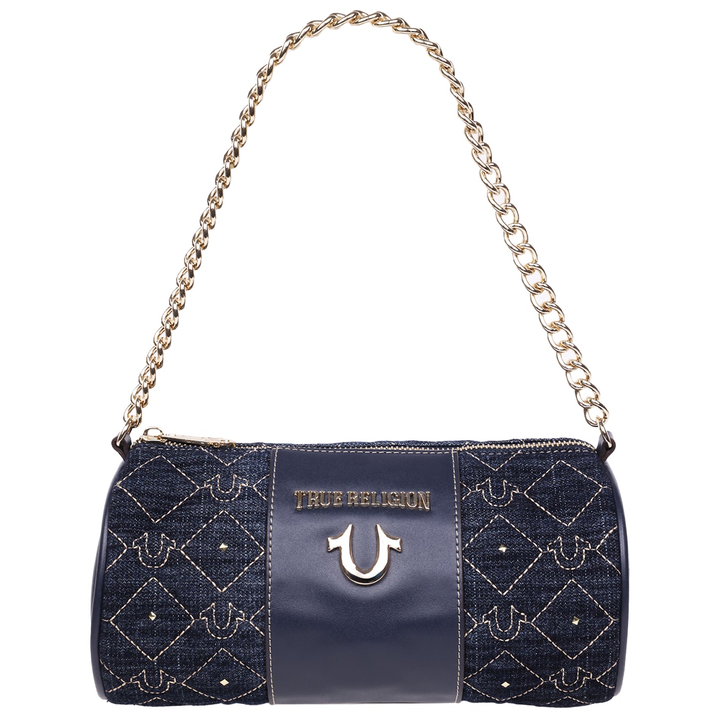 True Religion Studded Denim Zip Top Barrel Bag