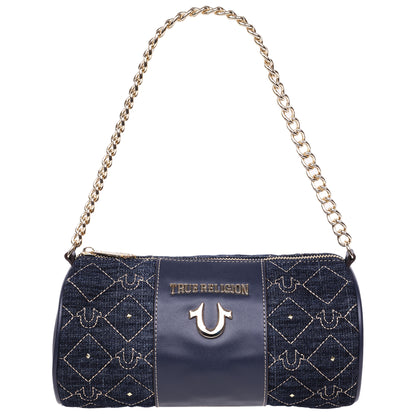 True Religion Studded Denim Zip Top Barrel Bag