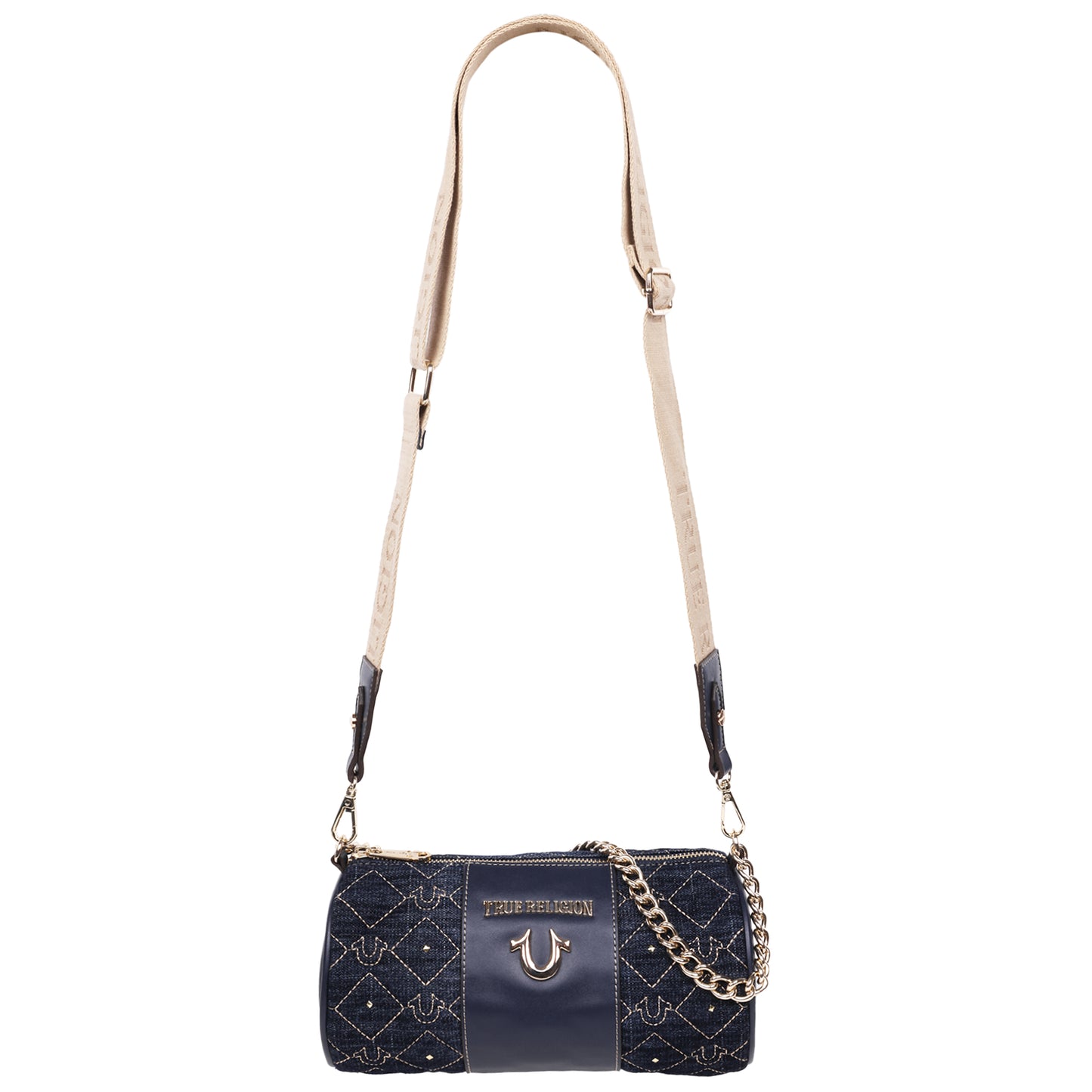 True Religion Studded Denim Zip Top Barrel Bag