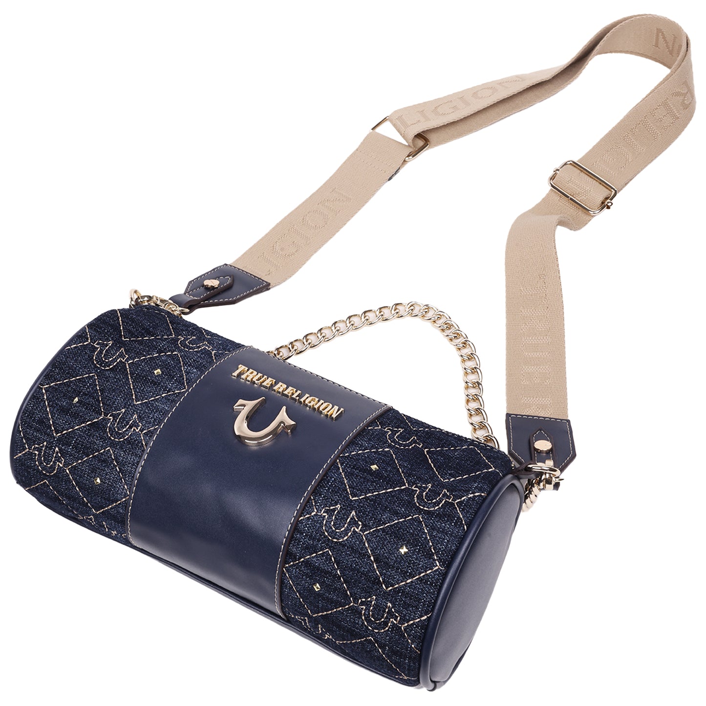 True Religion Studded Denim Zip Top Barrel Bag